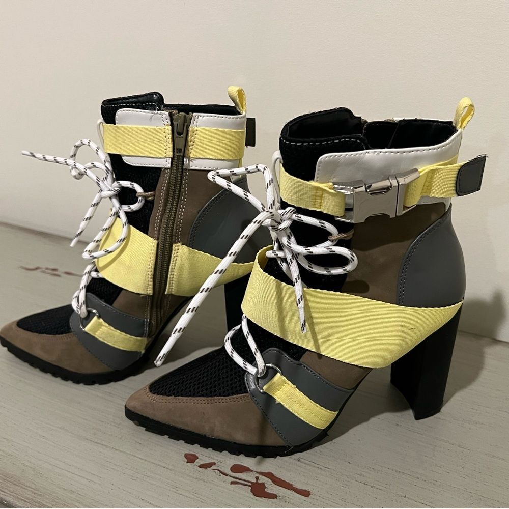 Women's Multi-Color Strappy High Heel Booties - Yellow Accent